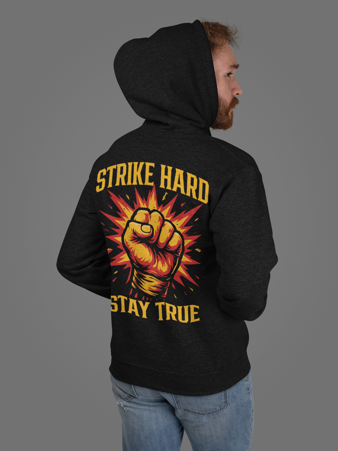 strike hard stay true hoodie – powerful boxing fist artwork