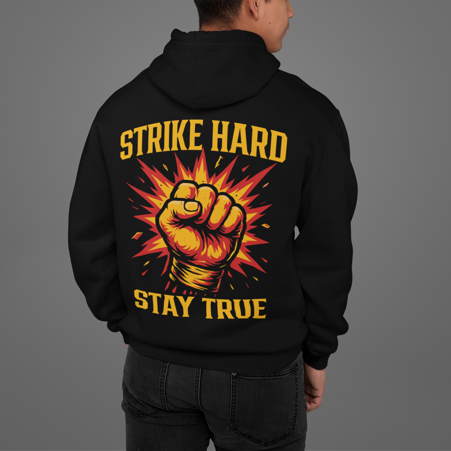 strike hard stay true hoodie – powerful boxing fist artwork