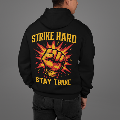 strike hard stay true hoodie – powerful boxing fist artwork