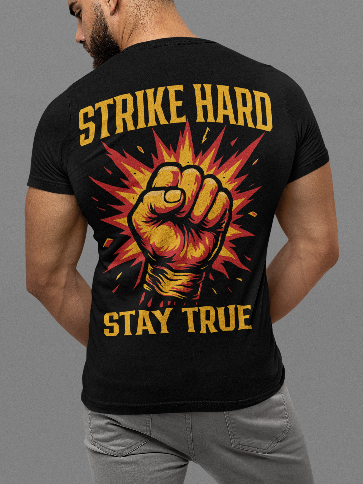 strike hard stay true t-shirt – powerful boxing fist artwork