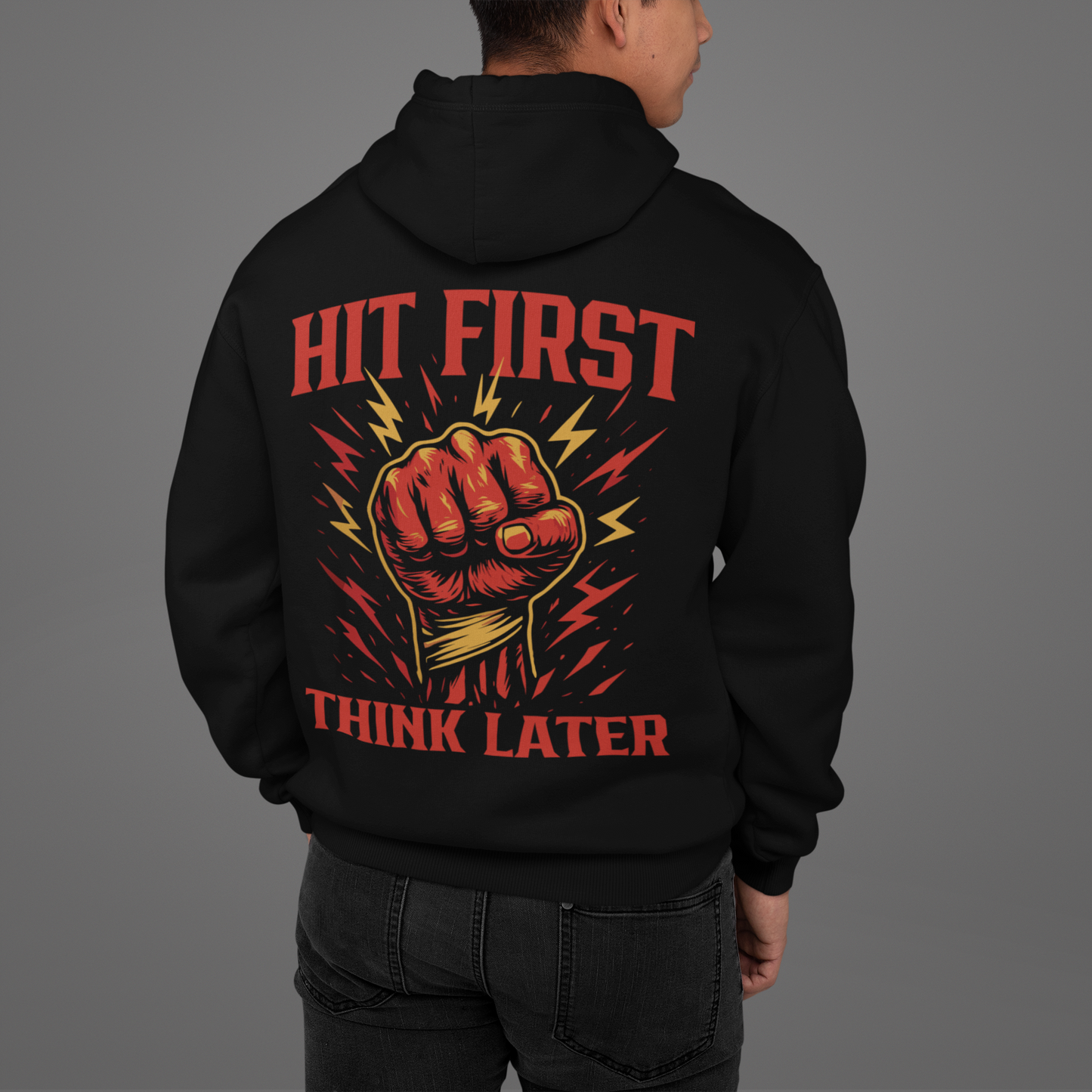 Hit First, Think Later T-Shirt – Explosive Boxing Fist Graphic
