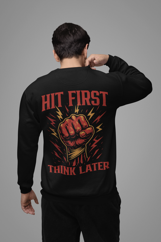 hit first think later sweatshirt – explosive boxing fist graphic