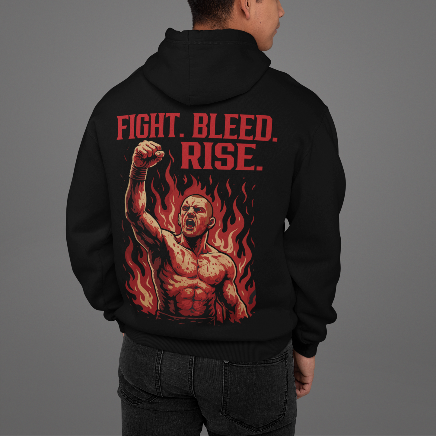 fight. bleed. rise. hoodie - powerful boxing fighter artwork