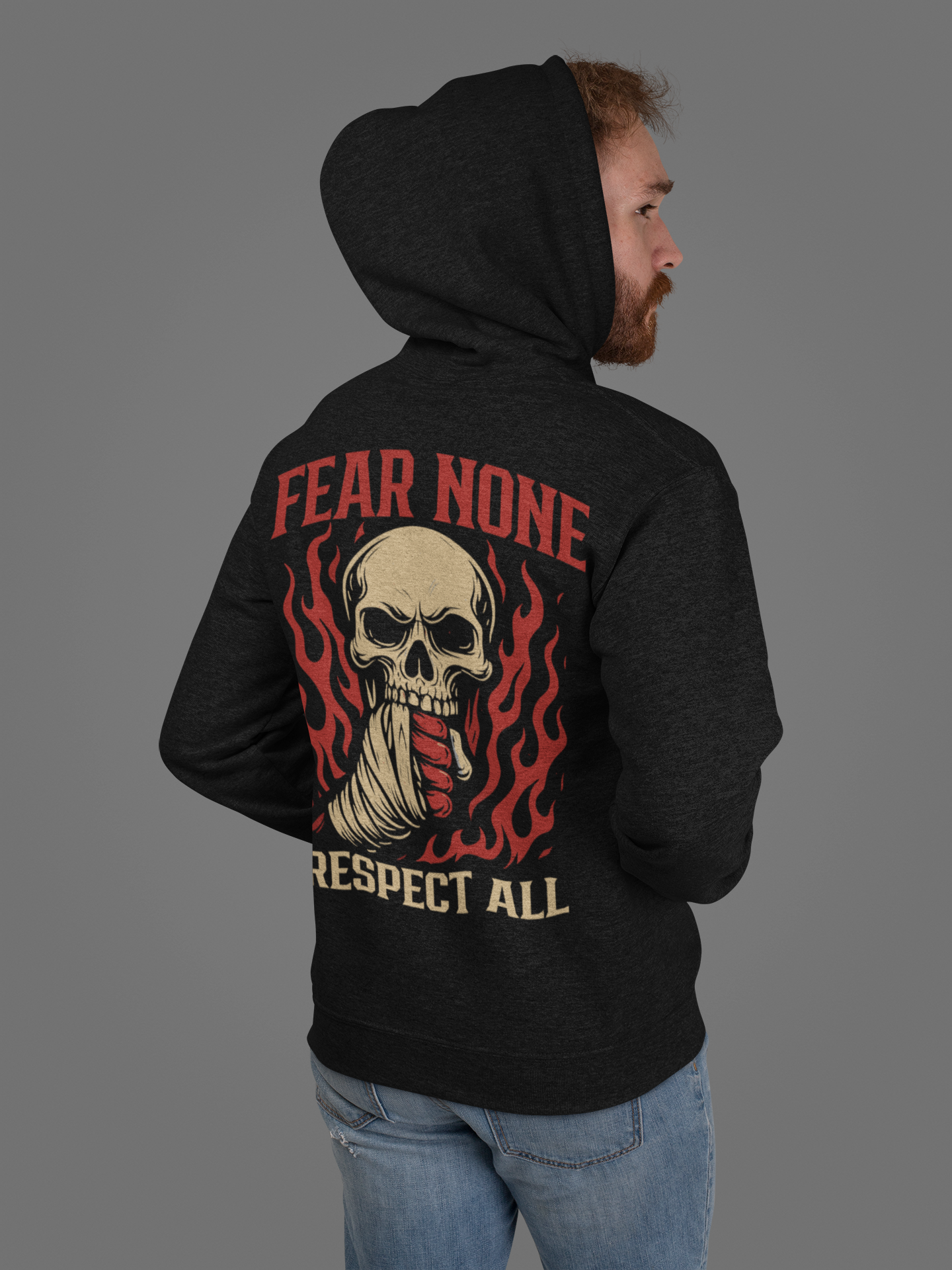 fear none hoodie - respect all skull combat sports design