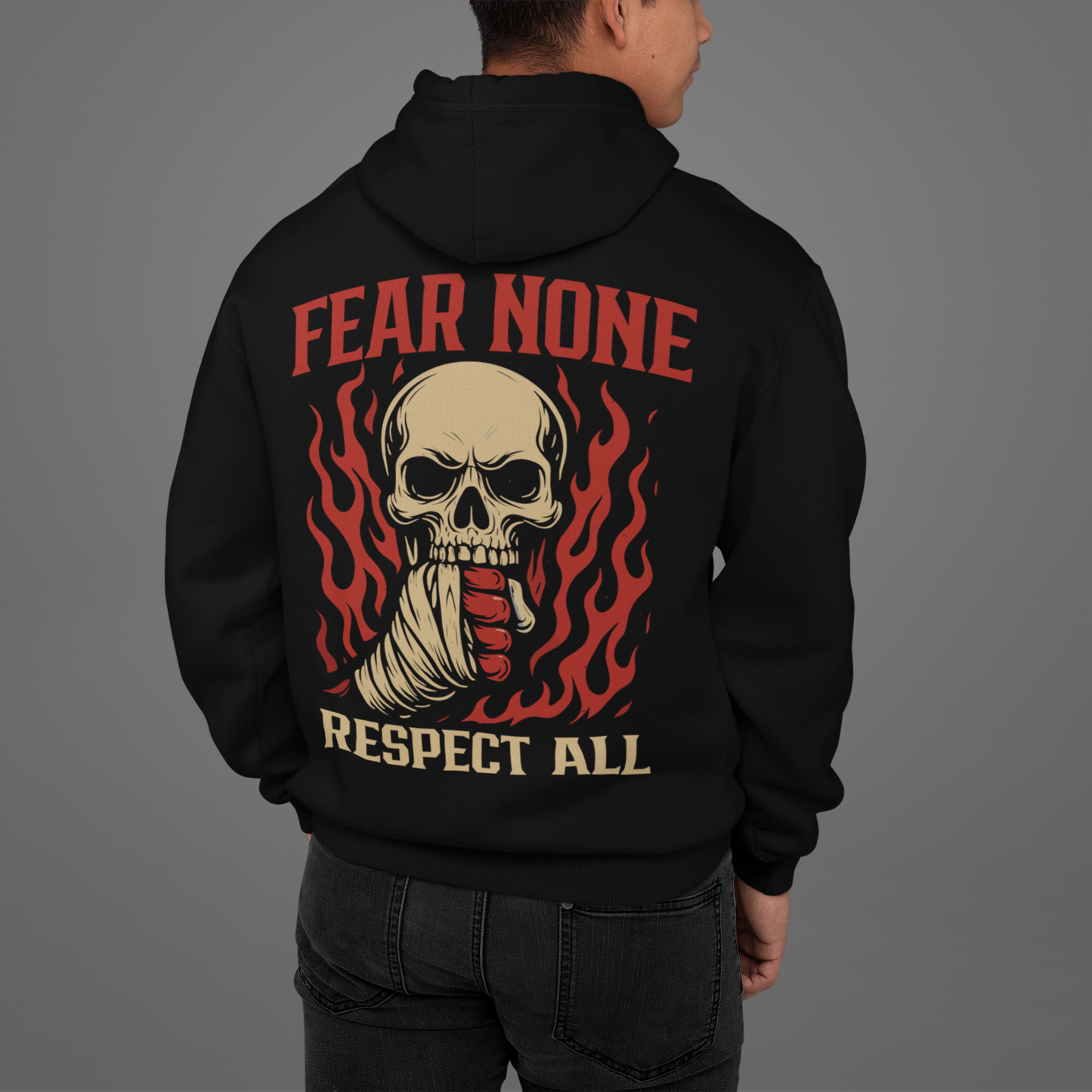 fear none hoodie - respect all skull combat sports design